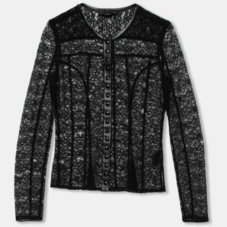 Alexander Wang Black Lace & Leather Trimmed Button Front Top