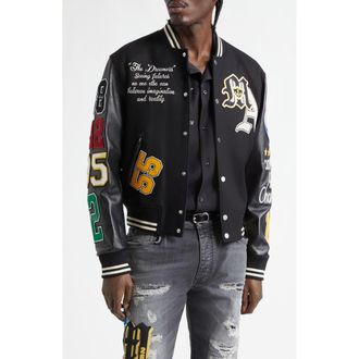 Amiri Varsity Patch Wool Blend & Leather Jacket in Black at Nordstrom, Size Xx-Large