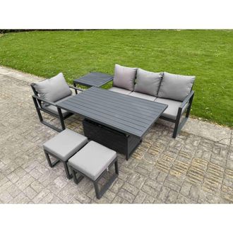Fimous Aluminum Dining Set with Lifting Table, Chairs, 2 Small Stools in Dark Grey