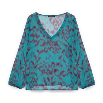 Fiorella Rubino Overhemden, Dames, Blauw, 6Xl, Polyester, Abstract Print Blouse in Cr&ecirc;pon
