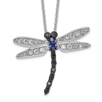 Diamond2Deal Sterling Silver Black Rhodium Accent Cubic Zirconia Dragonfly Necklace 18