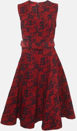 Carolina Herrera Red Embossed Floral Print Belted Mini Dress