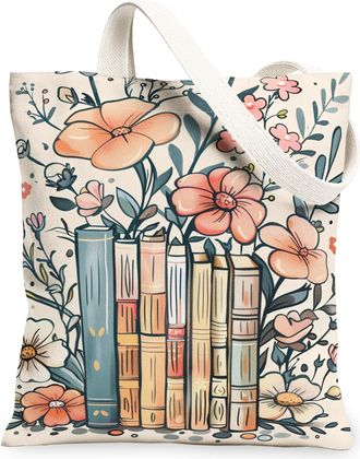 Generic Floral Canvas Tote Bags, Vintage Flower Print Reusable Grocery Bags, Spring Elegant Lightweight Washable Shoulder Strap for, Beige, 13x15 Inch