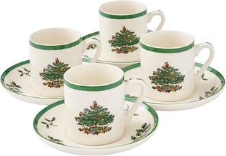 Spode Set Of 4 Christmas Tree 3Oz Espresso Cups & Saucers