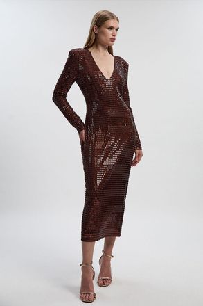 Karen Millen Womens Premium Crystal Embellished Jersey Long Sleeve Plunge Neck Midi Dress - Chocolate - Size X-Small