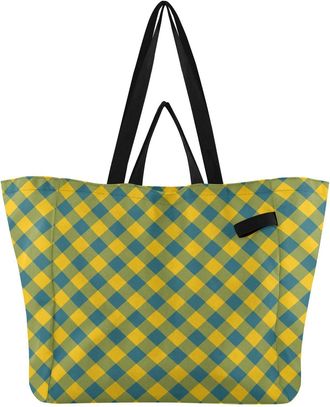 Generic Plaid Yellow pattern Reusable Canvas Tote Bag, Heavy Duty Grocery Shopping Bag with Large Capacity Double Handles Hard Bottom Work Groceries Travel