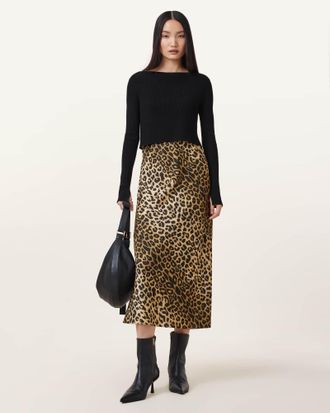 AllSaints Womens Viscose/Polyester Hera Leopard Print 2-In-1 Midi Dress, Size: XS