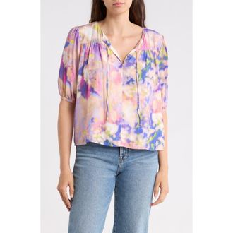 Nicole Miller Tie Front Puff Sleeve Tunic Top in Dreamscape at Nordstrom Rack, Size Small