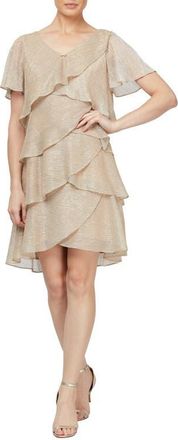 S.L. Fashions Embellished V-Neck Short Sleeve Shimmer Bodre Tier Cocktail Dress in Gold at Nordstrom, Size 10P
