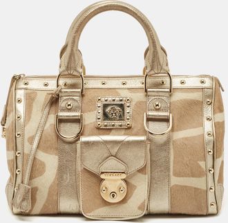 Versace Gold/beige Calf Hair And Leather Snap Out Of It Satchel
