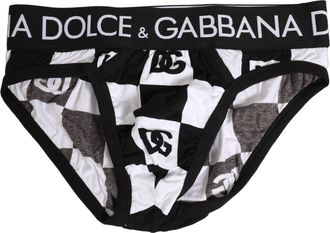 Dolce & Gabbana Mens Black White Logo Checkered Midi Brief Underwear Cotton Elastane Clothing