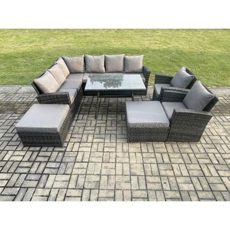 Fimous High Back Outdoor Garden Furniture Set Rattan Corner Sofa Dining Table Set With 2 Big Footstool 2 Armchairs Dark Grey Mixed - Fimous