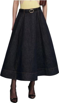 Self Portrait Flared Midi Rok - Dames - Spijkerrokken - Blauw - 2XS - Katoen - Rokken