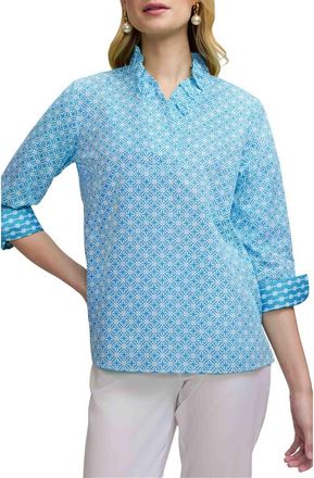 Foxcroft Tammy Geo Lattice Print Ruffle Collar Top in Blue/White at Nordstrom, Size X-Large