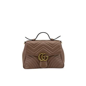 Gucci Gg Marmont Top Handle Flap Matelasse Leather Brown Leather Handbag (Pre-Owned)