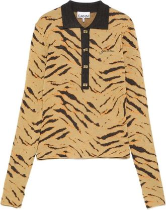 Ganni Tops, Dames, Bruin, S, Fine Merino Jacquard Polo