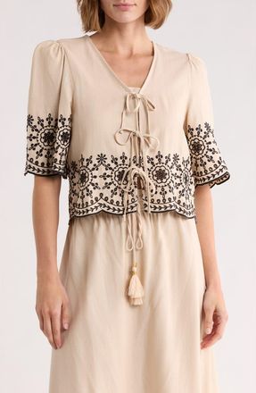 Ellen Tracy Eyelet Embroidered Tie Top in Linen at Nordstrom Rack, Size X-Small