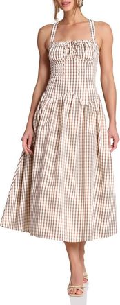 Avec Les Filles Check Drop Waist Cotton Blend Sundress in Cream And Brown at Nordstrom, Size 14