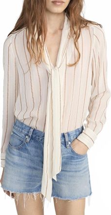 Frame Denim Striped Silk Tie Blouse In Cream