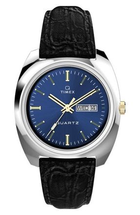 Timex Q Timex 1978 Day/Date Leather Strap Watch, 37.5mm in Black at Nordstrom