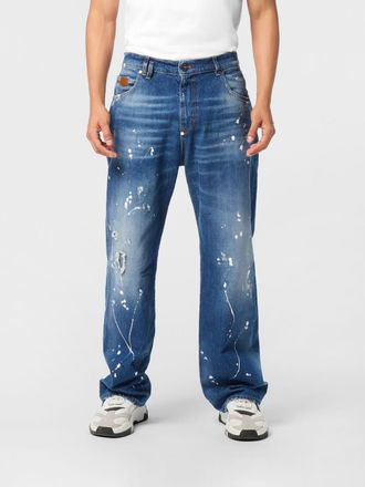 Philipp Plein Jeans wide leg in denim stretch con effetto usurato e logo posteriore