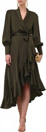 Zimmermann Silk Wrap Midi Dress In Dark Green