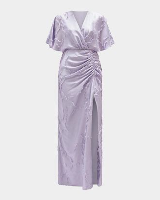 Amsale Textured Floral Jacquard Flutter-Sleeve Maxi Dress