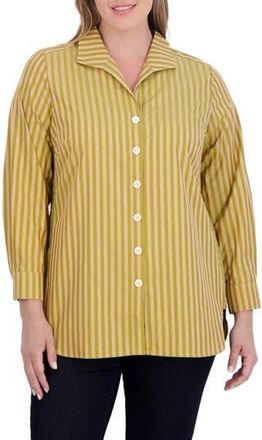 Foxcroft Pandora Stripe Cotton Blend Button-Up Shirt in Gold at Nordstrom Rack, Size 14W