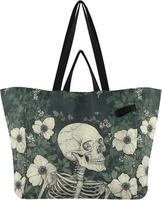 Generic Flowers White Skull pattern Reusable Canvas Tote Bag, Heavy Duty Grocery Shopping Bag with Large Capacity Hard Bottom Double Handles Work Groceries Tr