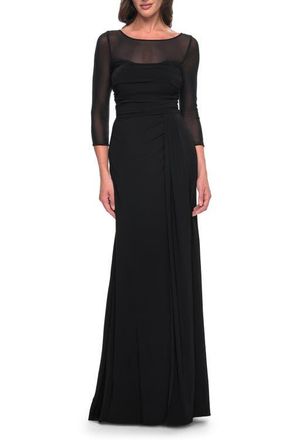 La Femme Chic Black Evening Dress with Illusion Neckline and Sleeves at Nordstrom, Size 14