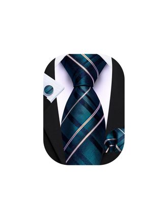 Barry.Wang Turquoise Tie Silk Tartan Necktie Mens Plaid Pocket Square Cufflinks Sets Formal Wedding