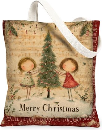 Generic Christmas Tree Canvas Tote Bags, Holiday Design Reusable Grocery Bags, Vintage Lightweight Washable Canvas for Outdoor Trav, Red, 13x15 Inch