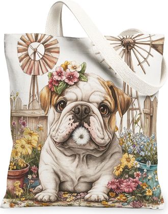 Generic Spring Bulldog Dog Canvas Tote Bag for Shopping 13x15, Farmhouse Country Puppy Reusable Grocery Print Bag for Women, Farm Pet Beach Aesthetic Painting
