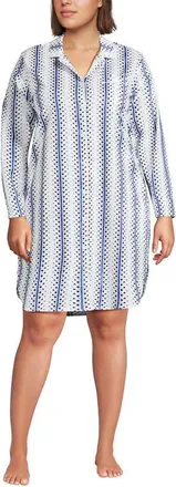 Lands End Cotton Poplin Long Sleeve Sleepshirt Nightgown in White/clear Blue Floral Stripe at Nordstrom, Size X-Small