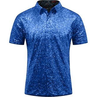 Generic Mens Sequins T Shirts Polos Relaxed Short Sleeve Turndown Sparkles Sequins Shirts Causal Loose 7s Disco Nightclub Party TTops Shiny Festival Carnival 