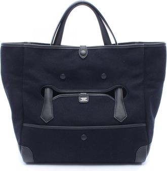 Herm&egrave;s Black Navy Canvas Swift Leather Handbag Tote Bag (Pre-Owned)
