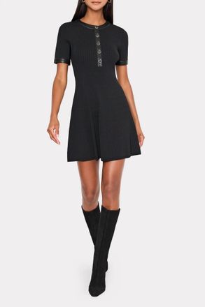 Milly Leather Detail Flare Knit Mini Dress In Black
