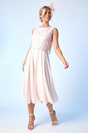 Roman Chiffon Overlay Lace Midi Dress