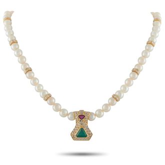 Luxury Bazaar 18K Yellow Gold 3.65ct Diamond, Emerald, and Ruby Cultured Pearl Necklace MF26- 070926