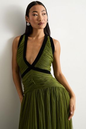 Warehouse Womens Petite Velvet Trim Tulle Maxi Dress - Green - Size 12 UK