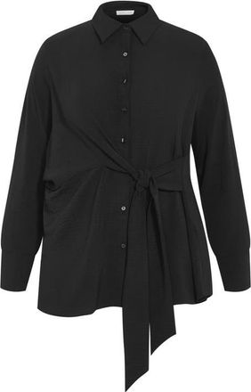 City Chic Telia Tie Waist Button-Up Shirt in Black at Nordstrom, Size Xxxs