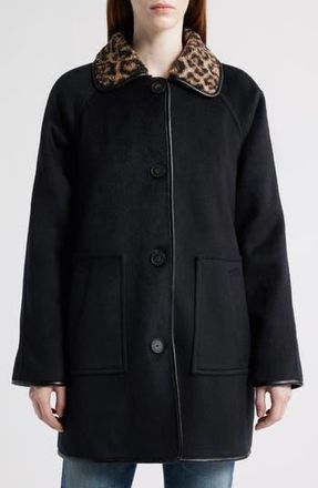 Bernardo Leopard Print Collar Felt Coat in Black /Leopard Print at Nordstrom Rack, Size Xx-Large