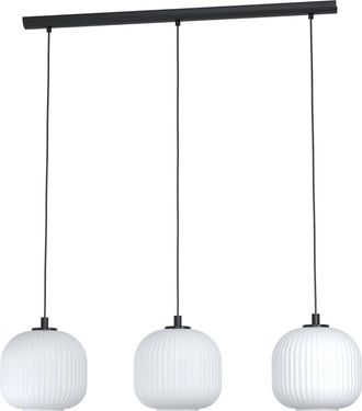 Loops Pendant Ceiling 3 Bulb Light Colour Black Shade White Ridged Glass E27 3x40W