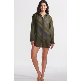 Lands End Cotton Gauze Button Down Swim Cover-up Shirt Dress in Rich Olive Green at Nordstrom, Size X-Large