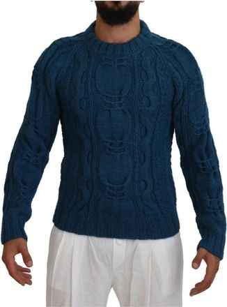 Dolce & Gabbana Elegante blauwe trui met ronde hals - Heren - Ronde hals truien - Blauw - L - Wol - Truien & Vesten