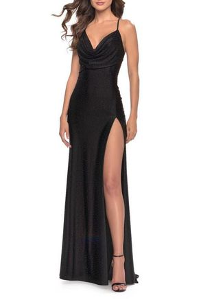 La Femme Drape Neckline Jeweled Jersey Prom Dress with High Slit in Black at Nordstrom, Size 6