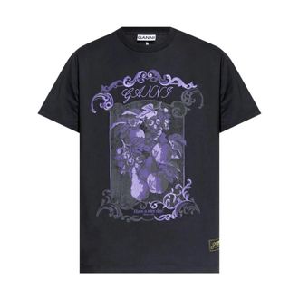 Ganni T-Shirts, female, Black, Size: 2XS Cotton Damask Relaxed T-Shirt Phantom