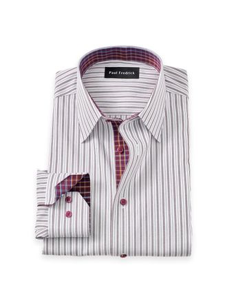 Paul Fredrick Non-iron Cotton Stripe Dress Shirt With Contrast Trim
