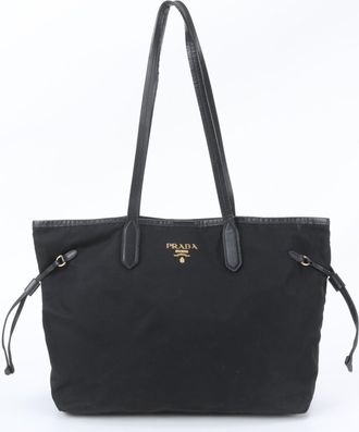 Prada Black Leather Nylon Handbag Shoulder Bag Tote Bag (Pre-Owned)