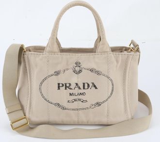 Prada Beige Leather Canvas Handbag Shoulder Bag Tote Bag (Pre-Owned)